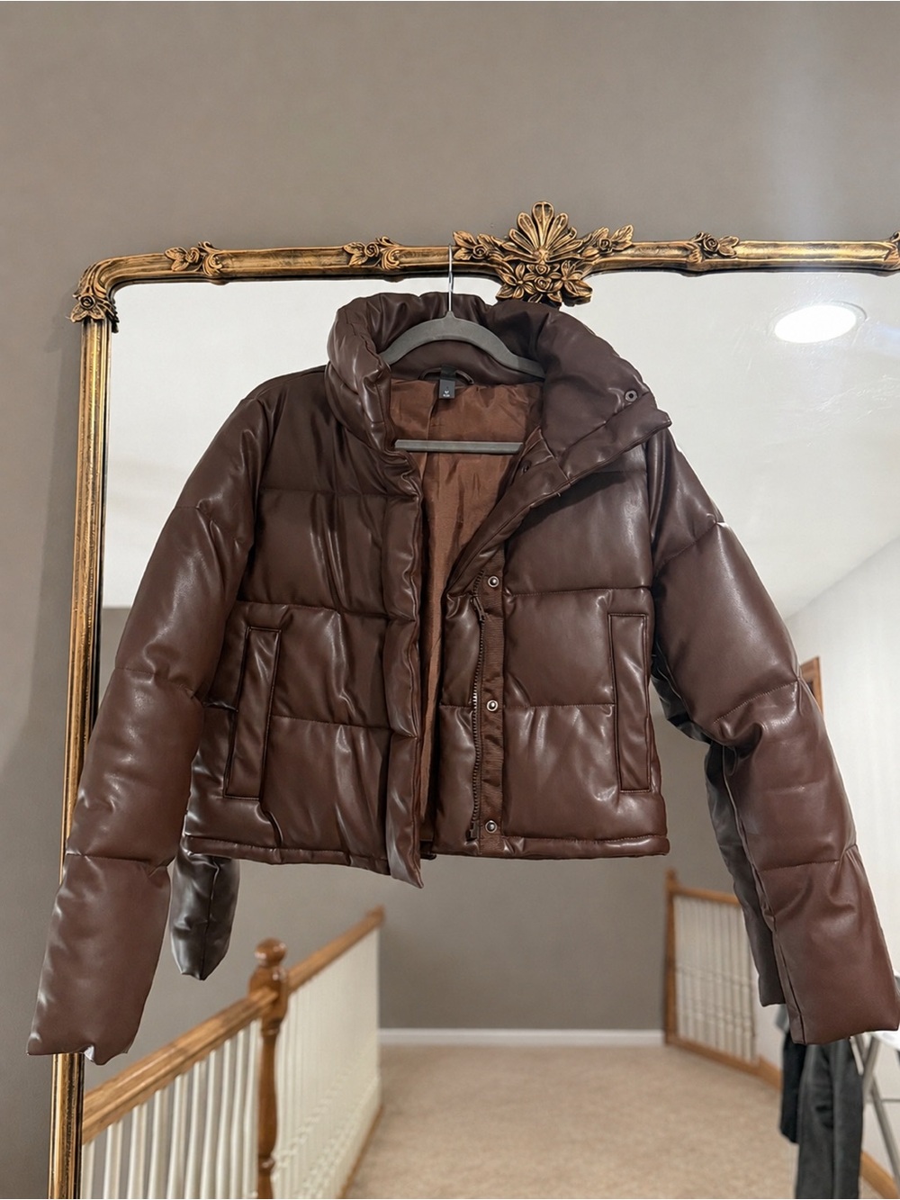 Women's Brown Puffer Jacket with Stand Collar